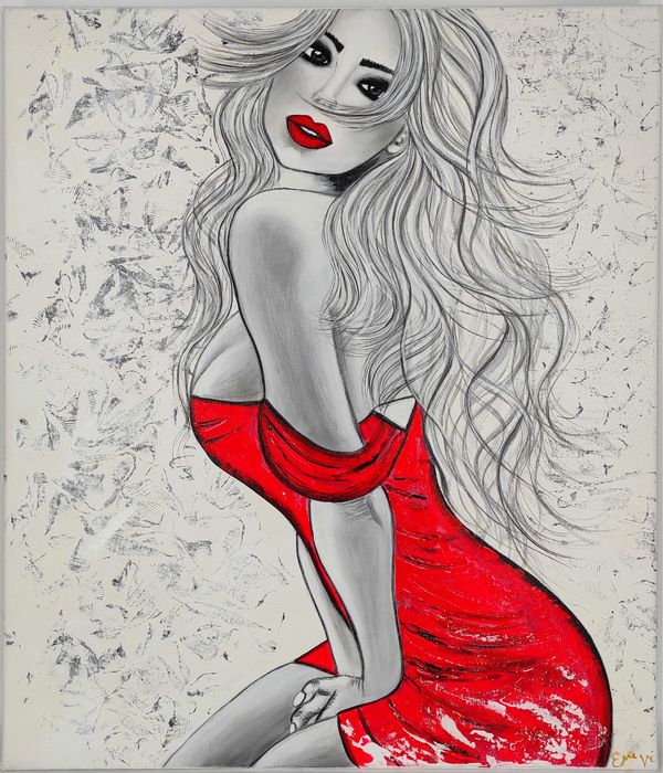 Duzy obraz akrylowy na plotnie kobieta czerwona sukienka