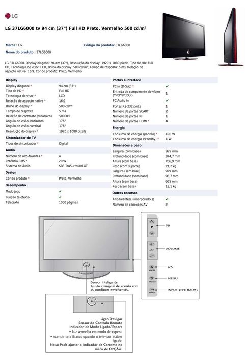 Televisor LCD LG Scarlet (modelo 37LG6000) de 37"