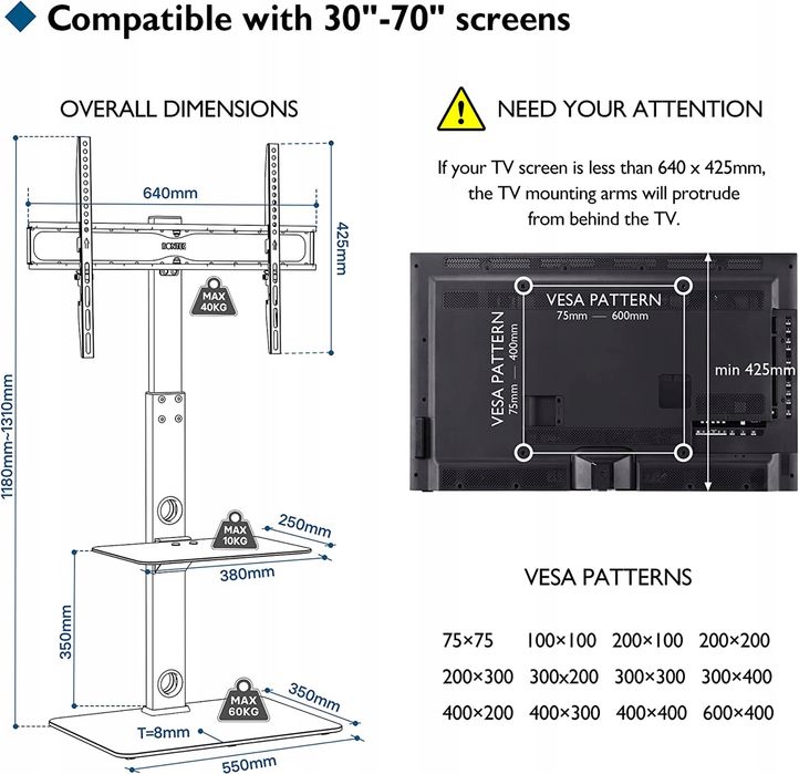 Stojak na TV BONTEC 30-70 cali, do 40 kg, maks. VESA 600x400 mm