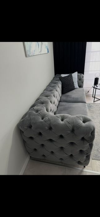 Sofa welurowa CHESTERFIELD na wymiar | szara | premium | stan bardzo dobry