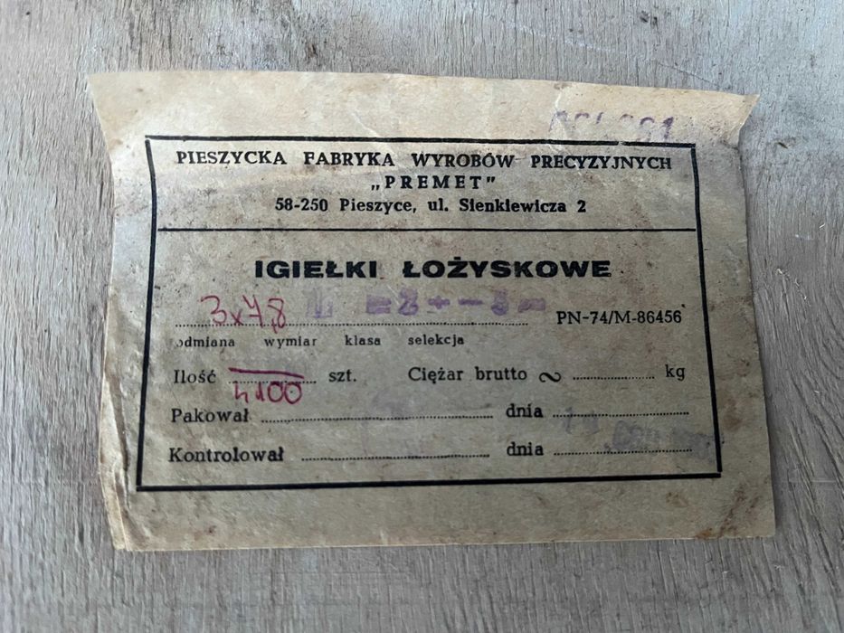Igiełki łożyskowe, rolki do łożysk 3x7,8