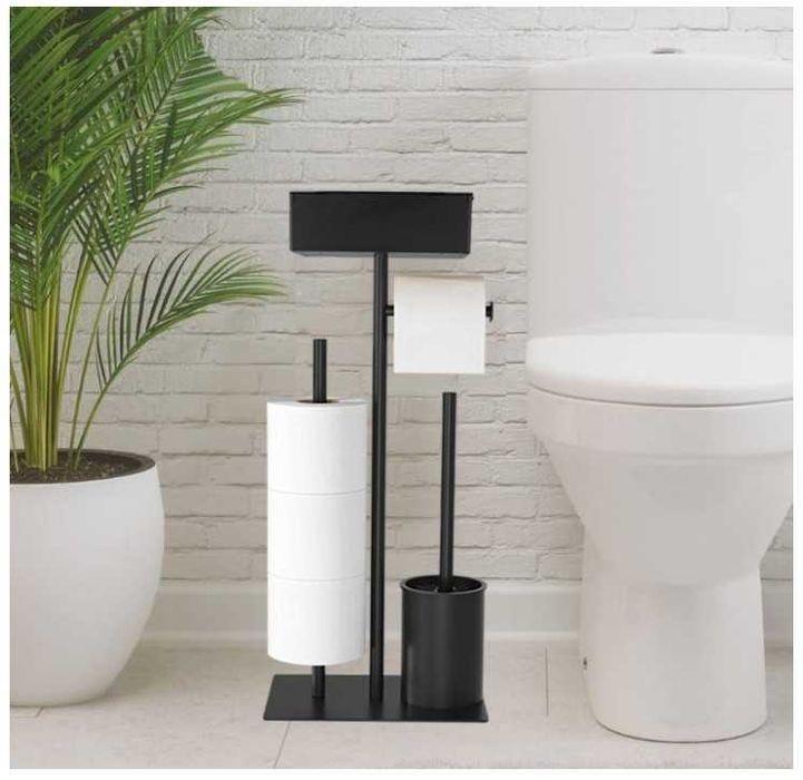 Stojak na papier toaletowy, stal nierdzewna, 4 w 1 + szczotka, czarny