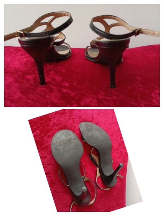 Czarne efektowne skórzane sandały, na obcasie, szpilki, rozmiar 38