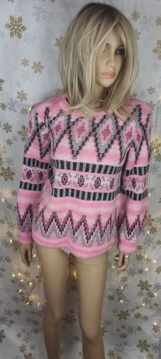 Elegancki różowy sweter Savida 42 ze srebrną nitką błyszczący pastel soft girl Y2K vintage cozy knit old money kobiecy glamour