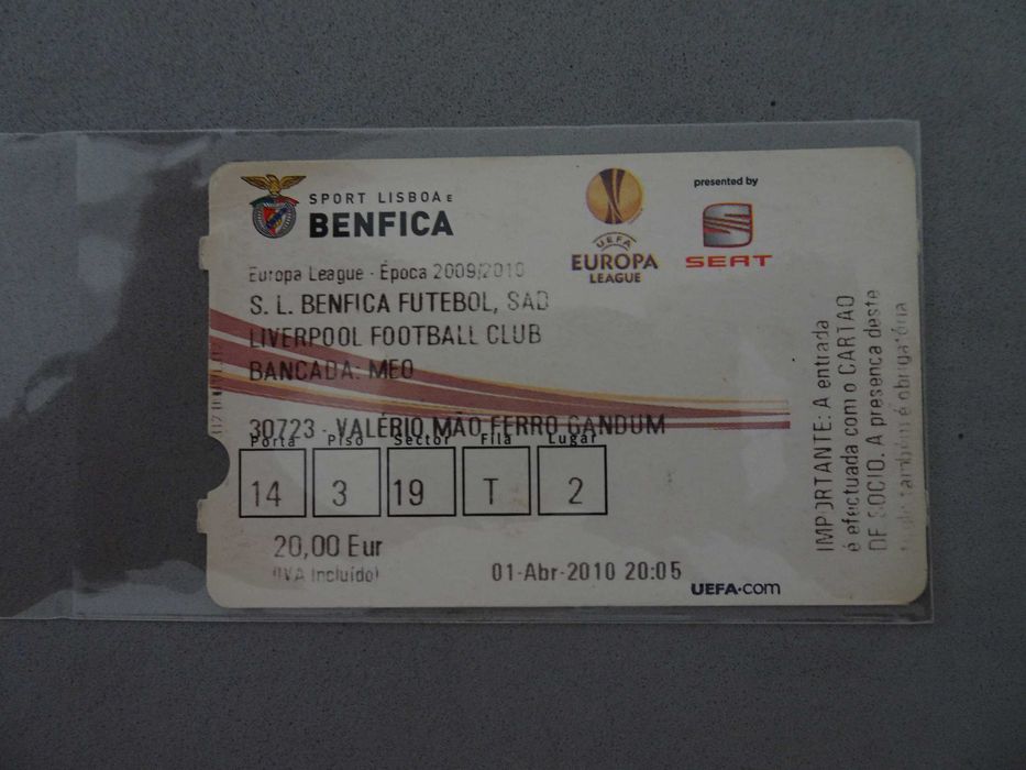 Bilhete de futebol Benfica - Liverpool Football Club - Época 2009/2010 - 01 abril 2010