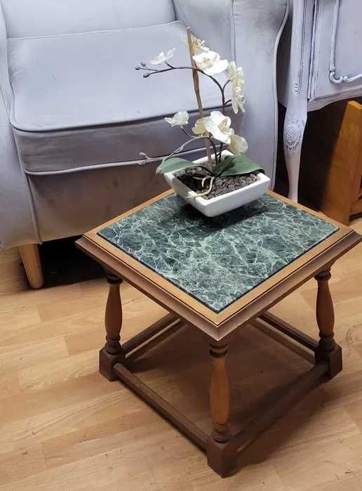 Stolik retro Vintage z marmurem drewniany kwietnik