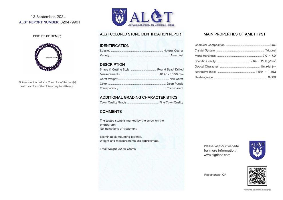Certificado ALGT - Colar de Ametista Natural e Exclusivo
