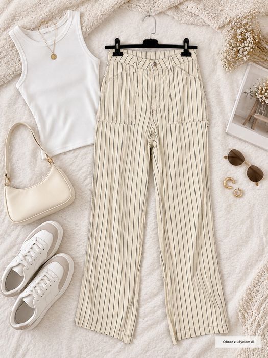 Spodnie wide leg w paski beżowe Scandi Chic XS