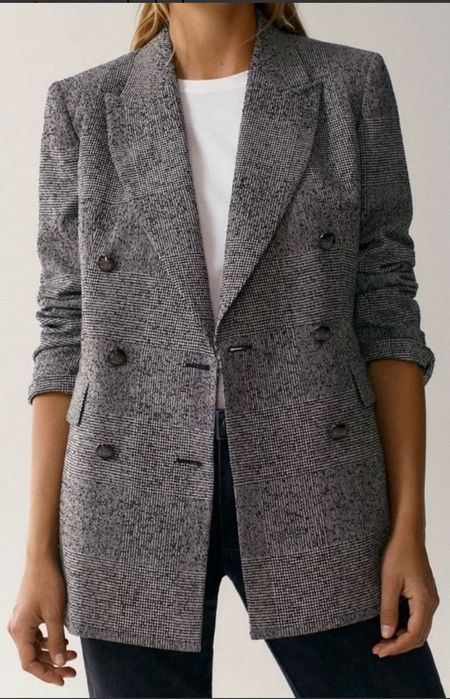 Massimo Dutti Wełniana marynarka żakiet w pepitkę Szara 40L