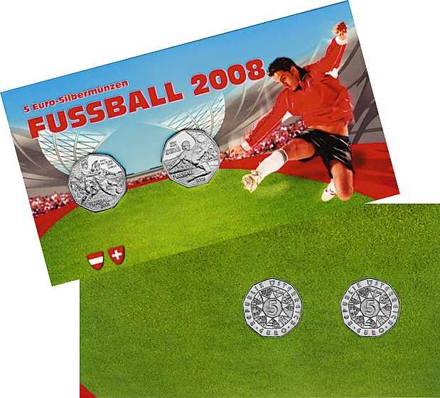 Carteira BNC Austria 5 € EURO 2008 2 moedas Comemorativas Prata
