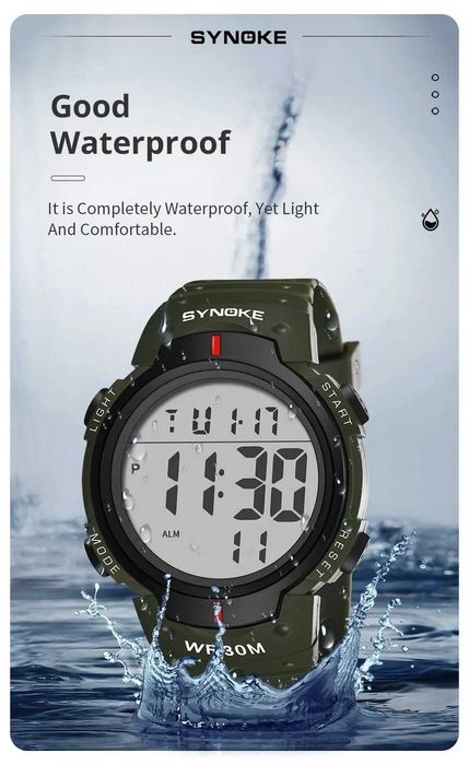 Militarny zielony zegarek elektroniczny cyfrowy Synike WR30 stoper LED