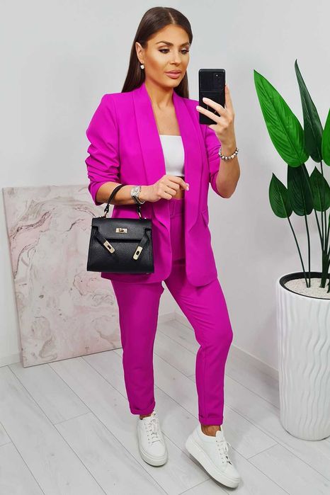 Garnitur komplet damski żakiet i spodnie na gumce fuksja S, M