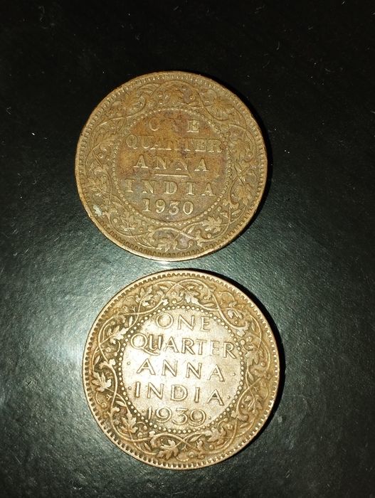 Moedas de One Quarter Anna 1930 e 1939 e 1 Pice 1950  Índia