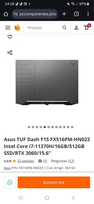 Computador Portátil Asus, 11°gen, i7, 16gb RAM, RTX 3060