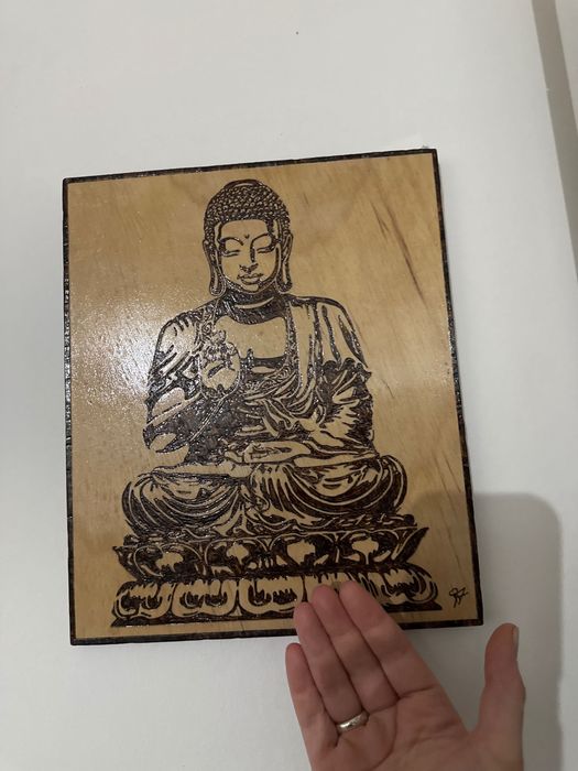 Quadro madeira Budha pirogravado
