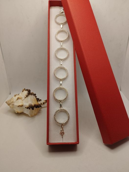 Srebrna bransoletka, koła z cyrkoniami, próba 925, długość 19-25 cm