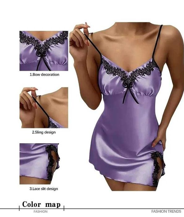 Damska piżama miękka satyna Deep V seksowna koszula fiolet rozmiar L