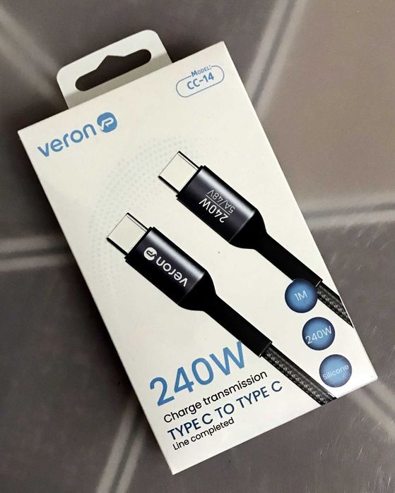 USB кабель Veron CC-14 Nylon Cable USB C to USB C, 240W, 48V, 5A,  PD 3.2, 1m, Black
