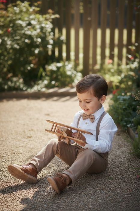 Elegancki komplet chłopięcy 9 lat | beżowy | koszula + spodnie + mucha