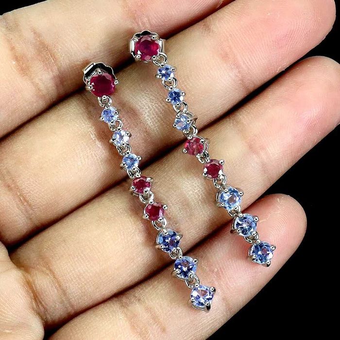 Серьги с фиолетовым танзанитом, рубином, серебро 925 пробы