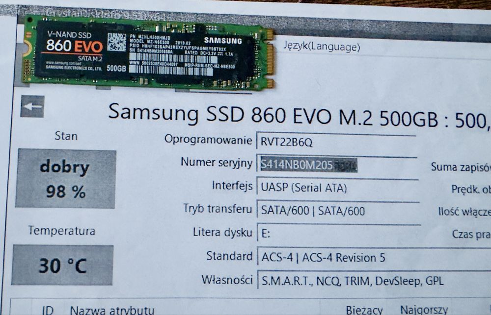 Dysk Samsung SSD 860 EVO M.2 SATA 500 GB + Raport SMART/zdrowia dysku 98 %