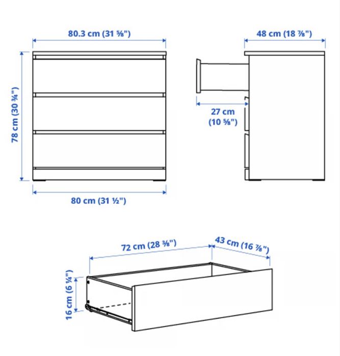 Comoda Ikea Malm 3 gavetas branca