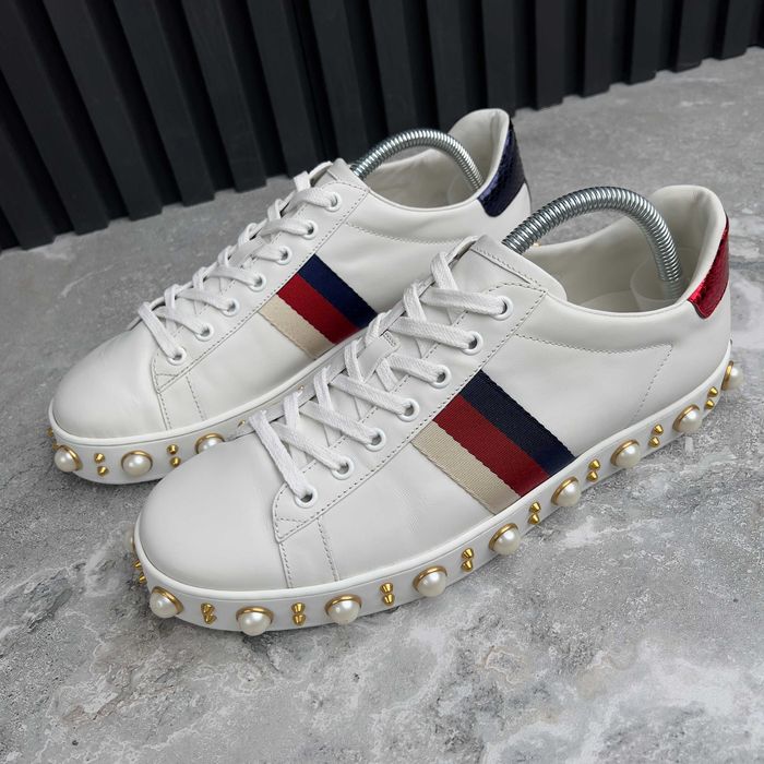 Gucci Ace Web Studded Pearls Жіночі кросівки кеди шкіра оригінал 40.5