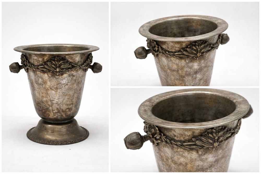 Vaso decorativo em metal antigo com asas ornamentais – Estilo clássico