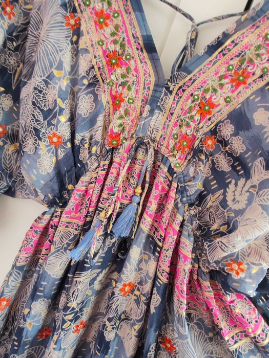 Boho haftowana sukienka jedwab maxi na lato M L XL