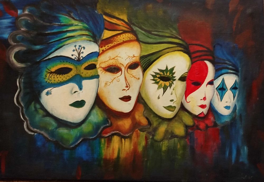 Maski weneckie, obraz olejny , 50x73