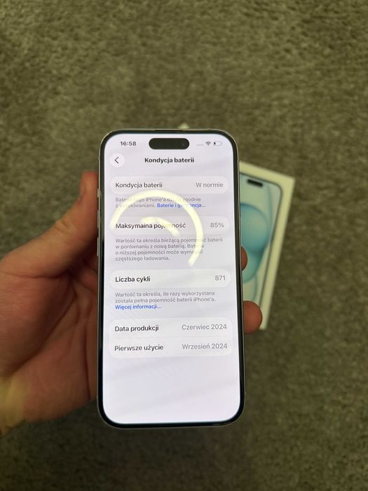 iPhone 15 • 128GB • Niebieski • Pudełko • 85% • Stan bardzo dobry