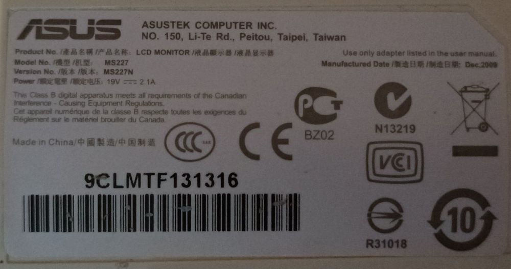 Монітор ASUS MS 227 Повністю робочий