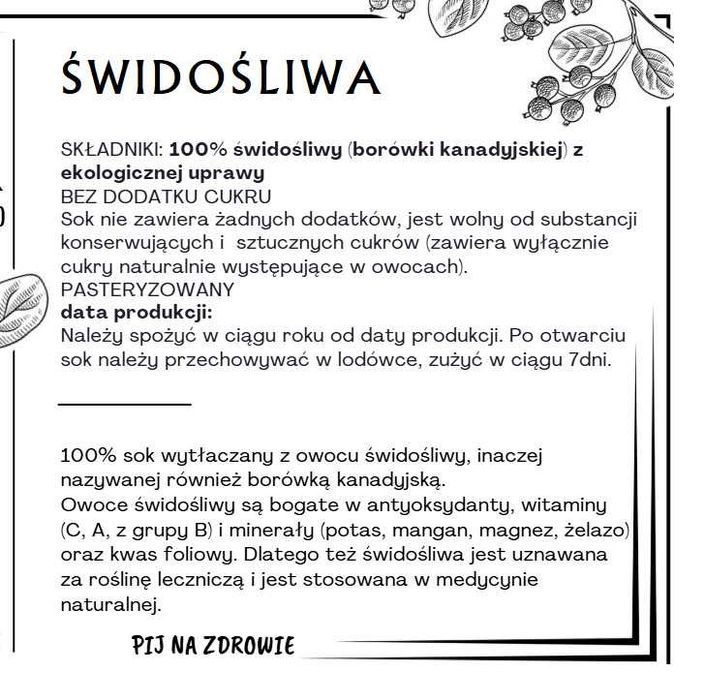 100% sok wytłaczany z borówki kanadyjskiej - świdośliwy 670ml