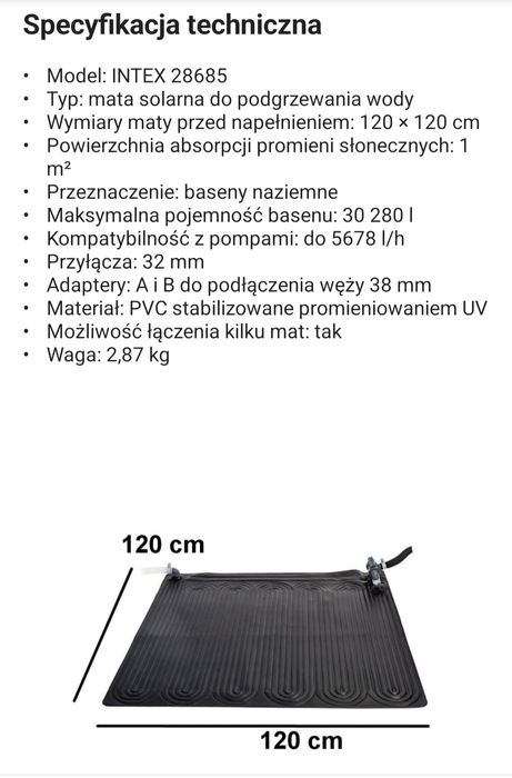 Mata solarna do podgrzewania wody Intex 28685 czarna do basenu panel solar jak nowe