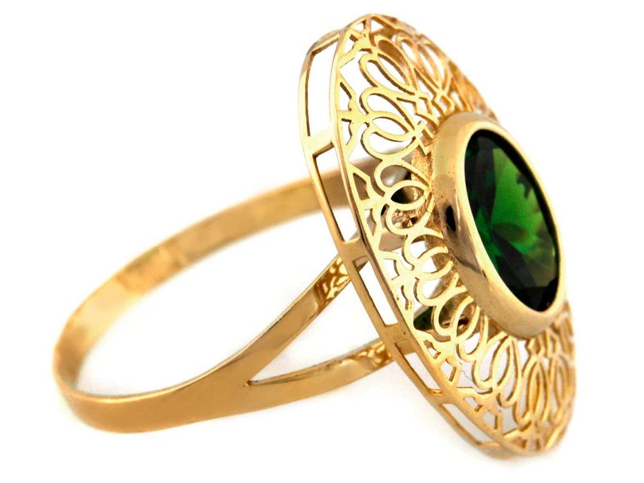 Duży złoty pierścień zielony kamień w ażurowej oprawie PR 585