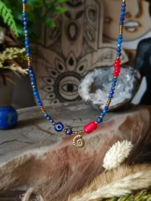 Naszyjnik Lapis lazuli , koral , muszelka , oko