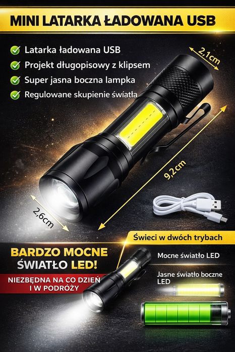 Latarka Taktyczna LED Lekka i Kompaktowa Zoom Klips Ładowana  USB