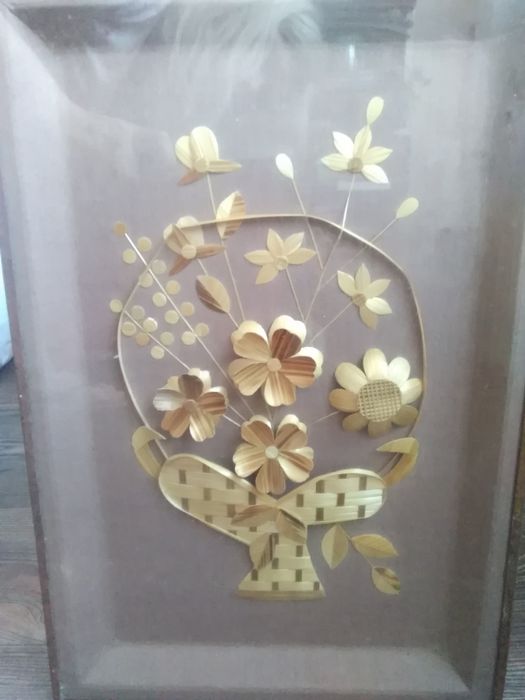 Панно из соломки  винтажное  под стеклом