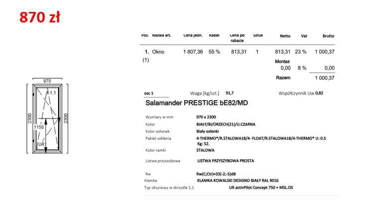 Okno 970x2300 biały/orzech 3 szyby #OK59,#OK98