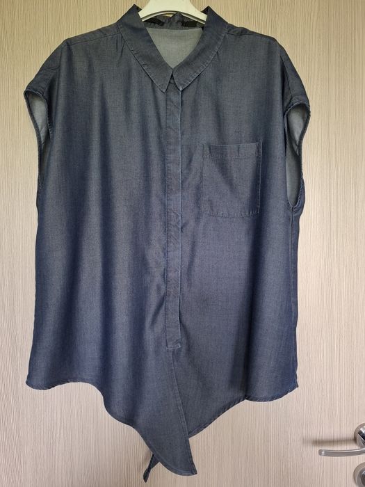 Granatowa a'la denim bluzka bez rękawów z wiązaniem