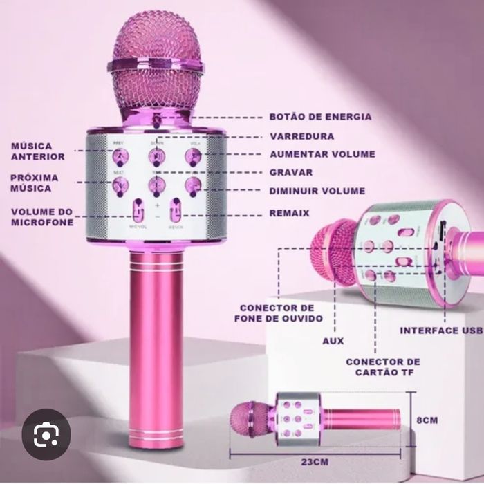 MICROFONE MULTIFUNÇÕES SEM FIOS_Conectividade_Bluetooth de Karaokê_Portátil._USB_SD_MP3_Cor ROSA_Caixa de Som_Youtuber