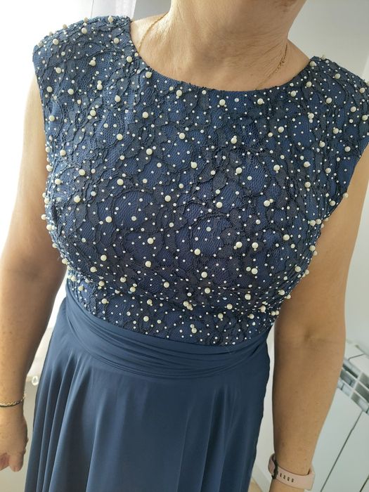 Piękna granatowa sukienka maxi długa elegancka perełki stan idelany 38
