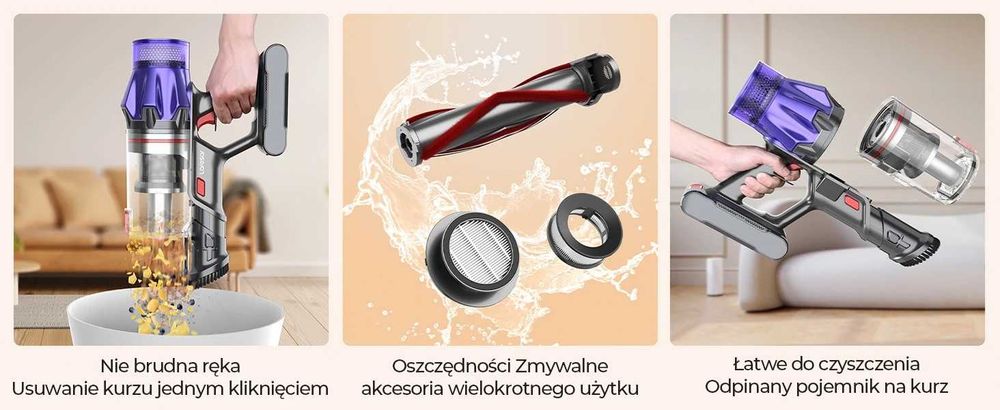 Odkurzacz Bezprzewodowy Laresar V7 500W Moc 50KPA, Wymienny Akumulator