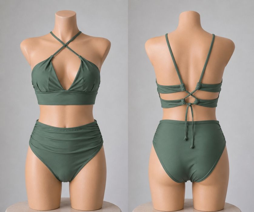 Zielone khaki dwuczęściowy kostium kąpielowy różne sposoby wiązania  L XL