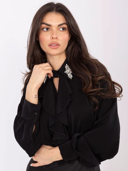 Bluzka elegancka czarna z żabotem i ozdobnym kołnierzem