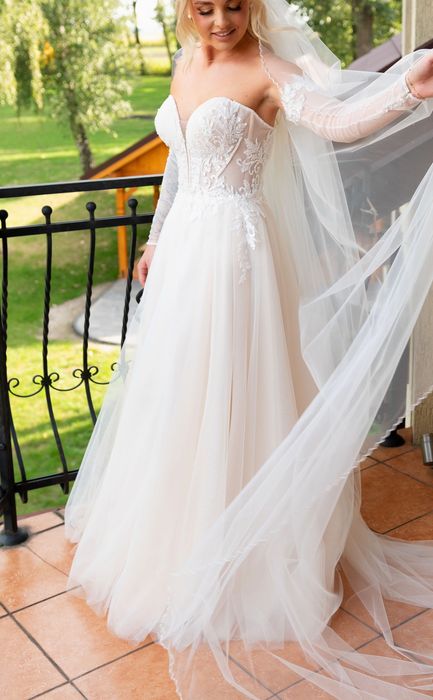 Suknia ślubna z rękawkami błyszcząca gorsetowa rozmiar S/ 170cm+9cm