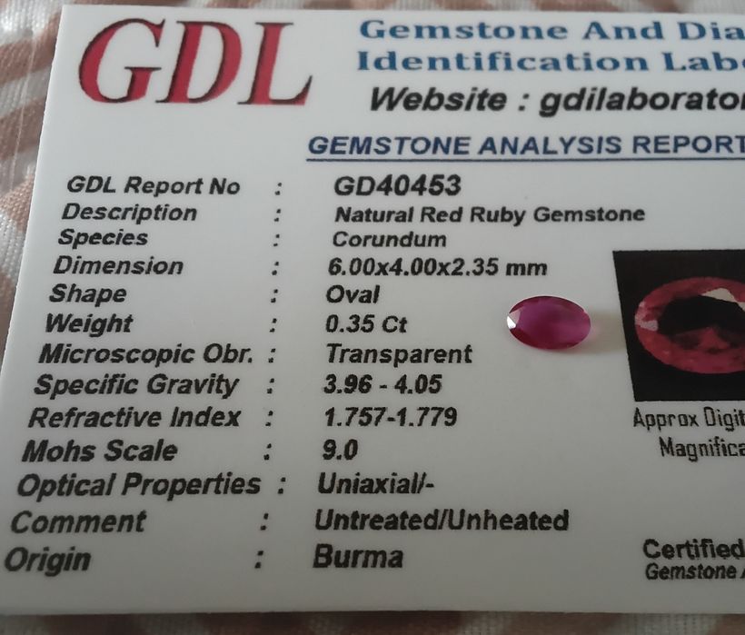 Rubi Natural Certificado.  0.35 ct