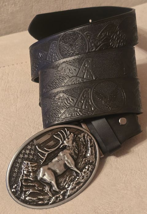 Pasek skórzany myśliwski JELEŃ BYK Rykowisko ŁOWY. 120cm. Czarny.
