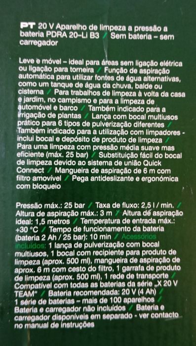 Aparelho de limpeza a pressão a bateria 20V Parkside