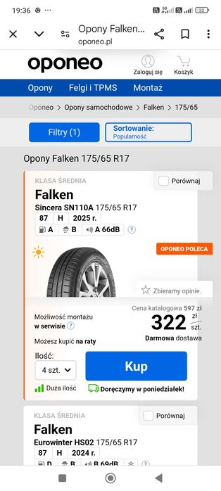 175/65/17 falken sincera firmowe opony 4 sztuki okazja jak nowe1/2ceny